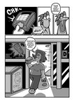 alcohol anthro beverage card drinking duo ellipsis female humor male store galactabee nikki_(galactabee) canid canine canis domestic_dog lizard mammal reptile scalie 2021 absurd_res comic hi_res monochrome