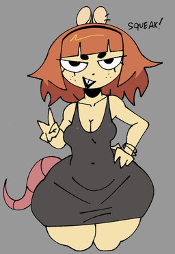 anthro bangs black_eyebrows bracelet breasts buckteeth circle_eyebrows cleavage clothed clothed_anthro clothed_female clothing collarbone dress ear_piercing eyebrows eyelashes female female_anthro fingers freckled_face freckles front_view gesture grey_background grey_clothing grey_dress hair hand_gesture hand_on_hip jewelry long_eyelashes narrowed_eyes navel_outline open_mouth open_smile orange_hair pear-shaped_figure piercing pink_tail simple_background smile solo tail teeth v_sign white_sclera wide_hipped_anthro wide_hipped_female wide_hips yellow_body xarop77 mammal mouse murid murine rodent 2025 digital_drawing_(artwork) digital_media_(artwork) portrait three-quarter_portrait