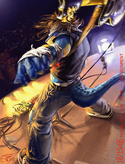 anthro audience breasts clothed clothing concert crowd dutch_angle electric_guitar female flashing footlights group guitar male motion_blur music musical_instrument non-mammal_breasts performance playing_music plucked_string_instrument rock_(genre) rocking_out shirt_up solo_focus stage string_instrument tail topless misplaced_spigot mythology decaf_(character) itreyu canid canine dragon mammal mythological_creature mythological_scalie scalie