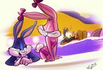 anthro clothing female group male swimming_pool swimwear juneduck21 tiny_toon_adventures warner_brothers babs_bunny buster_bunny plucky_duck anatid anseriform avian bird duck fish lagomorph leporid mammal marine rabbit shark