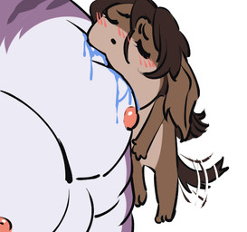 abs ambiguous_form anthro big_muscles big_pecs bite blush bodily_fluids brown_body brown_fur brown_hair drooling duo eyes_closed floppy_ears fur hair male male/male male_anthro muscular muscular_male nipples pecs pink_nipples purple_body saliva simple_background size_difference solo_focus tail tail_motion tailwag tan_body tan_fur white_background white_body cobu ambiguous_species