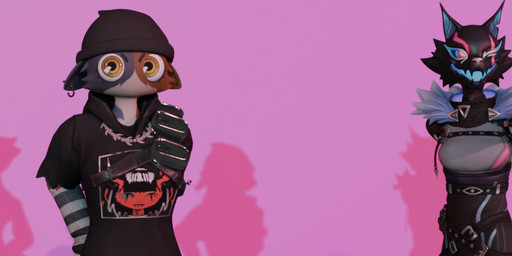 anthro beak beanie black_body clothed clothing feathers female fur group hair hat headgear headwear male piercing red_eyes simple_background tail topwear trio axylion epic_games fortnite hellaverse helluva_boss meow_skulls pack_leader_highwire stolas_(helluva_boss) avian bird calico_cat canid canine canis demon domestic_cat felid feline felis mammal owl owl_demon wolf 3d_(artwork) blender_(artwork) digital_media_(artwork) hi_res long_image wide_image widescreen