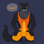 5_fingers anthro balls big_balls big_penis biped black_body black_fur bulge claws clothed clothing detailed_bulge erection erection_under_clothing fingers fur genital_outline genitals glowing glowing_genitalia glowing_penis grin kneeling looking_at_viewer male muscular muscular_anthro muscular_male orange_eyes penis penis_outline sharp_teeth simple_background smile solo teeth tight_clothing tight_underwear wrestling_singlet olethros european_mythology mythology norse_mythology smite fenrir_(smite) canid canine canis mammal wolf 1:1 hi_res