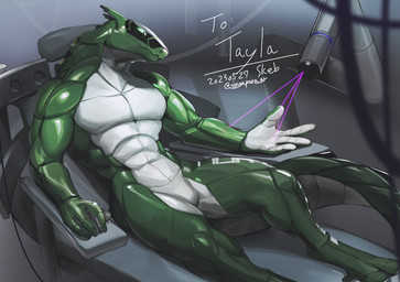 4_fingers abs anthro featureless_crotch fingers laser male muscular muscular_anthro muscular_male reclining robotic_arm solo tail yamagoat synth_(vader-san) hi_res