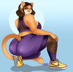 anthro athletic_wear big_butt blue_background bra breasts brown_eyes brown_hair butt clothing crossgender crouching curvy_figure ear_piercing ear_ring female footwear hair huge_butt leggings legwear long_tail looking_back piercing purple_clothing ring_piercing shoes simple_background sneakers solo sports_bra tail thick_thighs tights underwear voluptuous yellow_clothing yellow_footwear yellow_shoes catsmeow nike randochris_(character) cougar felid feline mammal hi_res