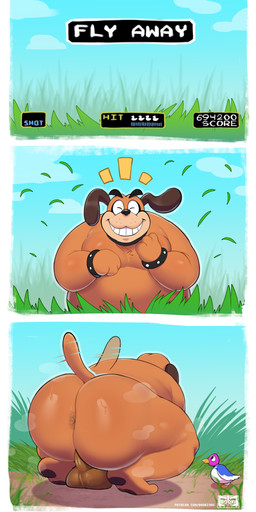 all_fours anthro anus backsack balls balls_on_ground belly big_belly big_butt bloat bloated bodily_fluids brown_balls brown_body brown_fur brown_perineum bubble_butt butt crouching darkened_balls darkened_genitalia darkened_perineum eyebrows floppy_ears fur gameplay_mechanics genitals grin huge_belly huge_butt laugh male moobs mostly_nude_anthro mostly_nude_male musk musky_butt obese obese_anthro obese_male orange_anus orange_body orange_fur outside overweight overweight_anthro overweight_male patreon_exclusive pawpads perineum rear_view round_body smile solo stocky sweat sweaty_balls sweaty_butt sweaty_genitalia tail tail_motion tailwag text thick_eyebrows thick_thighs tiptoes wristband wristband_only el_booki duck_hunt nintendo patreon duck_hunt_dog anatid anseriform avian bird canid canine canis domestic_dog duck hunting_dog mammal 2025 absurd_res comic hi_res url