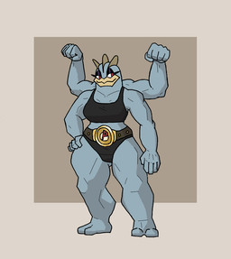 4_arms belt black_bottomwear black_clothing black_topwear blue_body bottomwear breasts clothing eyelashes eyeshadow female flexing flexing_bicep flexing_both_biceps front_view grey_background hand_on_hip makeup multi_arm multi_limb muscular muscular_female purple_eyeshadow red_eyes simple_background solo thick_thighs topwear wide_hips squablodecomplash nintendo pokemon generation_1_pokemon humanoid machamp pokemon_(species)