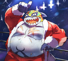 5_fingers fighting_ring fingers humanoid_hands male mask masked_male overweight santa_coat sports_mask sportswear wrestling_mask suna_sand1 lifewonders tokyo_afterschool_summoners typhon_(tas) aquatic fish shark colored