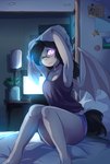 anthro bat_wings bed bedroom black_hair black_tail bottomwear breasts clothing computer electronics eyewear female freckles furniture glasses glowing glowing_eyes grey_body grey_skin hair lamp medium_breasts membrane_(anatomy) membranous_wings one_eye_closed pink_eyes plant shirt shorts sitting solo tail topwear undressing wings hakkids2 hasbro my_little_pony fan_character bat_pony equid mammal 2017 absurd_res digital_media_(artwork) hi_res