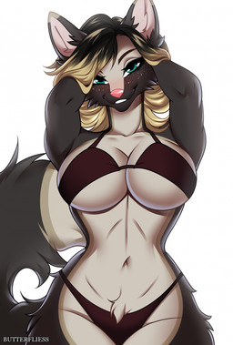 anthro big_breasts black_hair blonde_hair blush bra breasts clothing collarbone crotch_tuft eyelashes female fluffy fluffy_tail freckled_face freckles front_view fur green_eyes grey_body grey_fur hair hands_behind_head hands_in_hair long_eyelashes long_hair looking_at_viewer multicolored_hair navel pink_nose pose simple_background small_waist smile smiling_at_viewer solo tail tan_body tan_fur teeth thong tuft two_tone_hair under_boob underwear ventral_groove white_background butterfliess canid canine fox mammal red_fox silver_fox true_fox 2025 colored digital_drawing_(artwork) digital_media_(artwork) hi_res pinup shaded