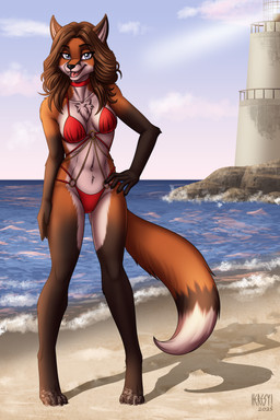 anthro beach bikini brown_hair clothing female fox_ears fox_tail hair hand_on_hip lighthouse pose smile solo swimwear two-piece_swimsuit heresy_(artist) canid canine fox mammal 2025 2:3 absurd_res hi_res
