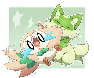 ambiguous_gender bodily_fluids brown_body brown_feathers cat_smile crying cute_fangs duo eyes_closed fangs feathers feet feral fur green_body green_ears green_fur green_tail motion_lines open_mouth pawpads paws pink_nose tail talons tears teeth toes wings thatsquirrelly nintendo pokemon generation_7_pokemon generation_9_pokemon pokemon_(species) rowlet sprigatito 2024 absurd_res hi_res