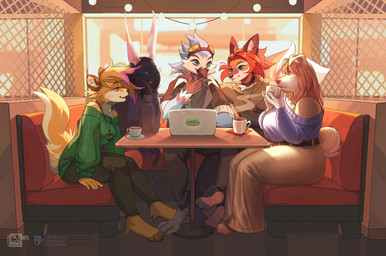 anthro beak biped bottomwear breasts claws clothed clothed_anthro clothed_female clothed_male clothing feet female fingers front_view fully_clothed fully_clothed_anthro fully_clothed_female fully_clothed_male fur group hair inside male sitting smile tail toes topwear cordi avian bird canid canine canis domestic_dog fox mammal 2026 digital_drawing_(artwork) digital_media_(artwork) hi_res