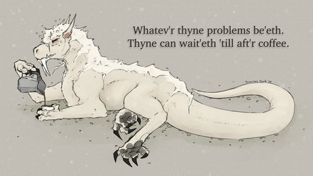 ambiguous_gender beverage black_claws claws coffee container cup early_modern_english fangs feral fur mane pawpads pointy_ears pouring_coffee red_eyes sabertooth_(anatomy) simple_background solo tail tan_background tan_body tan_fur teeth text tired tired_eyes ferocious_ferals mythology dragon equid equine furred_dragon furred_scalie hybrid mammal mythological_creature mythological_scalie scalie wingless_dragon 2025 absurd_res english_text hi_res signature