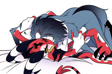 anthro arm_grab bed big_horn blush blush_lines bodily_fluids clenched_teeth duo feathers femboy furniture grey_body horn lying lying_on_bed male male/male multicolored_body nude on_back on_bed pinned red_body red_eyes red_skin sharp_teeth size_difference spade_tail spiked_tail spikes spikes_(anatomy) sweat tail tail_feathers teeth text white_body white_face white_skin yellow_sclera yellow_teeth paldobeobe59670 hellaverse helluva_boss blitzo_(helluva_boss) stolas_(helluva_boss) avian bird demon humanoid imp owl owl_demon absurd_res hi_res korean_text