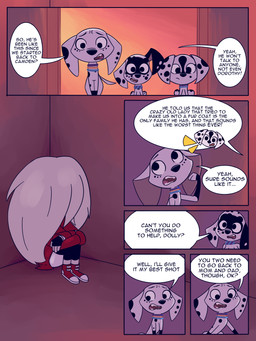 black_spots blonde_hair clothing dialogue duo female feral freckled_face freckles fur hair jacket leg_markings long_hair male markings red_clothing red_jacket red_topwear socks_(marking) speech_bubble spots text topwear white_body white_fur elibear gjtproductions 101_dalmatian_street 101_dalmatians disney dee_dee_(101_dalmatians) dizzy_(101_dalmatians) dolly_(101_dalmatians) hunter_de_vil canid canine canis dalmatian domestic_dog human mammal 3:4 absurd_res comic english_text hi_res