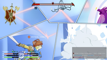 4_fingers anthro armor_plates axe big_breasts blue_eyes boss_fight breasts candle clothing d20 deflating dice dress female fight fingers footwear fur gameplay_mechanics gloves group gui hair handwear health_bar horn knight long_hair magic_user male scarf shield shocked smoke staff stamina_bar tail text trio warrior treyer mythology mahoutsukai_(treyer) maou_(treyer) yussha_(treyer) dragon felid lion mammal mythological_creature mythological_scalie pantherine scalie snow_leopard 2023 absurd_res comic digital_drawing_(artwork) digital_media_(artwork) english_text hi_res
