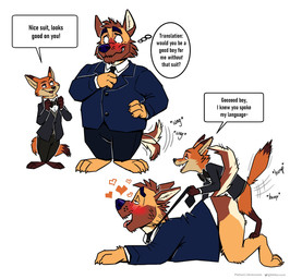 anal anal_penetration anthro ass_up blush blush_lines bottomless bottomless_anthro bottomless_male bottomwear bow_tie clothed clothing dialogue duo feet fingers from_behind_position fur good_boy half-closed_eyes heart_symbol hearts_around_head holding_necktie holding_object larger_penetrated larger_sub looking_pleasured male male/male male_penetrated male_penetrating male_penetrating_male narrowed_eyes necktie nude open_mouth open_smile overweight overweight_anthro overweight_male pants penetration penile penile_penetration sex simple_background size_difference small_top_big_bottom smile speech_bubble standing submissive suit tail tail_motion tailwag teeth text thought_bubble toes tongue tongue_out topwear nikraccoom disney zootopia bradbury_west nick_wilde canid canine fox mammal red_fox true_fox digital_media_(artwork) english_text hi_res