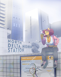 anthro barbell_piercing breasts building city city_background clothing colored_nails crop_top eyebrow_piercing facial_piercing female fluffy fluffy_hair fog fur hair holding_object hoodie looking_at_viewer map modern_architecture multiple_piercings nails nose_piercing orange_body orange_fur piercing pink_clothing pink_hoodie pink_topwear public_transportation rail_transit red_hair septum_piercing shirt sign sitting smoking solo stairs text topwear urban_rail_transit vehicle gulasauce_(artist) katrina_del_mar felid feline majarean mammal 2026 absurd_res english_text hi_res