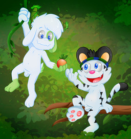 anthro balls flaccid food foreskin fruit fur genitals humanoid_genitalia humanoid_penis leaves_on_body male male/male nipples nude pawpads penis pink_nose plant small_balls toony tribal unretracted_foreskin white_body white_fur young k_vicko koko_(jurassiczalar) vicko bovid caprine felid goat mammal pantherine tiger absurd_res hi_res