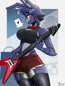 anthro big_breasts black_body black_clothing black_crop_top black_shirt black_topwear bottomwear breasts brown_bottomwear brown_clothing brown_shorts clothed clothed_anthro clothed_female clothing crop_top crossgender electric_guitar female fingers grey_body guitar hair looking_at_viewer machine mtf_crossgender multicolored_body musical_instrument plucked_string_instrument purple_body purple_hair red_eyes shirt shorts solo string_instrument thong_straps topwear kainleaf five_nights_at_freddy's scottgames bonnie_(fnaf) animatronic lagomorph leporid mammal rabbit robot 2025 3:4 digital_media_(artwork) hi_res