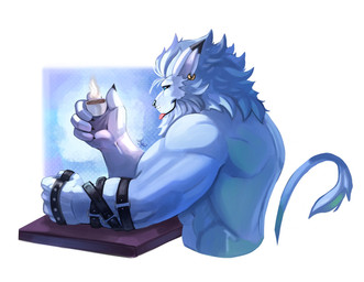 anthro beverage biceps blep coffee fur hair male muscular muscular_anthro muscular_male simple_background smile solo tongue tongue_out adrovmike bandai_namco digimon digimon_(species) leomon mammal panjyamon furry invalid_tag sfw digital_media_(artwork) half-length_portrait hi_res portrait
