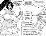 2022 absurd_res baalbuddy beard black_hair breasts clothed clothing comic duo english_text facial_hair fantasy_racism female hair hat headgear headwear hi_res holding_object holding_staff human humanoid humanoid_pointy_ears humor magic_user magical_girl_outfit male mammal monochrome mustache not_furry orc speciesism staff text waaaghdoka wizard_hat