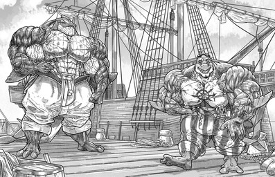abs anthro biceps big_muscles bottomwear clothed clothing deltoids duo huge_muscles hyper hyper_muscles male muscular muscular_male nipple_piercing nipples outside pants pecs piercing pirate ship striated_muscles topless topless_male vehicle vein veiny_muscles watercraft csfoxy aquatic cetacean fish mammal shark whale monochrome