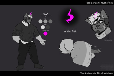 5_fingers anthro arm_tuft balls black_border black_tail_tip border bottomwear clothed clothing collared_shirt color_swatch dipstick_tail elbow_tuft facial_hair feet fingers footwear fur genitals glans goatee grey_background grey_balls grey_body grey_fur hair humanoid_genitalia humanoid_hands humanoid_penis male male_anthro markings mole_(marking) mole_under_eye mouth_closed pants pecs penis pronouns shirt shoes simple_background smile solo tail tail_markings teeth text topwear tuft white_text melaisen bau_(melaisen) akita canid canine canis domestic_dog mammal spitz 2023 absurd_res digital_drawing_(artwork) digital_media_(artwork) full-length_portrait greyscale hi_res letterbox model_sheet monochrome multiple_images portrait