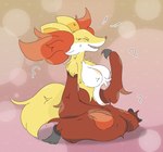 anthro breasts chest_tuft female fur fur_markings inner_ear_fluff markings naturally_censored nipple_tuft red_body red_fur sitting smile solo tuft yellow_body yellow_fur guzzlord420 nintendo pokemon delphox generation_6_pokemon pokemon_(species) absurd_res hi_res