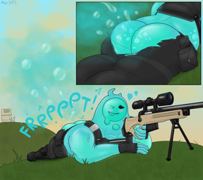 blue_body blue_butt blue_fart_cloud blush bottomwear butt clothing enjoying exclamation_point fart fart_bubbles fart_cloud fart_fetish gun heart_symbol lying male not_furry on_front one_eye_closed outside pants ranged_weapon smile solo sound_effects torn_bottomwear torn_clothing torn_pants weapon mintyn0tfresh epic_games fortnite rippley_(fortnite) goo_creature goo_humanoid humanoid 2023 absurd_res hi_res