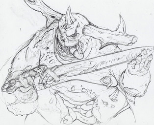 1_horn anthro eye_scar facial_scar fangs front_view grey_background head_horn head_spikes holding_melee_weapon holding_object holding_sword holding_weapon horn looking_aside male melee_weapon open_mouth scar simple_background solo spikes spikes_(anatomy) sword teeth tongue tongue_out weapon deriaz warhammer_(franchise) chaos_daemon daemon_of_nurgle great_unclean_one 2013 graphite_(artwork) greyscale half-length_portrait monochrome portrait traditional_media_(artwork)