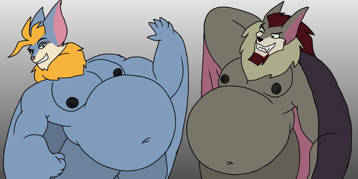 5_fingers anthro bat_ears bat_wings belly belly_overhang big_belly big_ears biped black_eyes black_nipples black_nose bloated blonde_hair blue_body blue_fur brown_facial_hair brown_goatee brown_hair brown_wings cheek_tuft chin_tuft clenched_teeth duo facial_hair facial_tuft fangs fingers flexing fur goatee gradient_background green_sclera grey_body grey_fur hair half-closed_eyes hand_behind_head huge_belly humanoid_hands male membrane_(anatomy) membranous_wings moobs multicolored_body multicolored_fur muscular muscular_anthro muscular_male narrowed_eyes navel neck_tuft nipples open_mouth open_smile overweight overweight_anthro overweight_male pecs pink_inner_ear pink_nose pointy_ears pose simple_background smile standing tan_body tan_fur teeth toothy_grin tuft two_tone_body two_tone_fur winged_arms wings yellow_body yellow_fur wolfox90210 silverwing_(series) goth_(character) shade_silverwing bat mammal 2022 2:1 colored digital_drawing_(artwork) digital_media_(artwork) flat_colors pinup