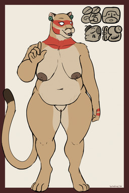 anthro areola big_areola bodypaint breasts brown_areola countershade_face countershade_fur countershade_neck countershading digitigrade ear_piercing ear_ring face_paint female fur genitals gesture hand_gesture historical humanoid_genitalia jade_(gem) jewelry mayan mayan_hieroglyphs navel nipples nude nude_anthro nude_female open_mouth overweight overweight_anthro overweight_female piercing pointing red_face_paint ring_piercing sagging_breasts simple_background smile solo stretch_marks tail tan_body tan_fur vulva wide_hips scribefang ch'um_nich_(scribefang) cougar felid feline mammal 2025 digital_drawing_(artwork) digital_media_(artwork) hi_res