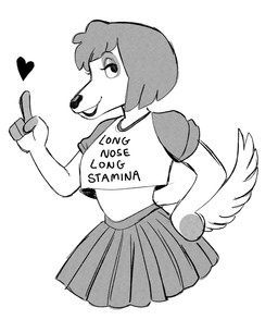 anthro bottomwear clothing crop_top female fluffy fluffy_tail gesture hand_gesture hand_on_hip heart_symbol pointing pointing_up shirt skirt solo tail text text_on_clothing three-quarter_view topwear peonybunny nina_(passionatefloorromance) borzoi canid canine canis domestic_dog hunting_dog mammal sighthound absurd_res english_text hi_res monochrome