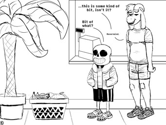 anthro basket bone container dialogue duo food fruit hand_in_pocket horn male palm_tree plant pockets skeleton standing text tree komododad deltarune undertale undertale_(series) asriel_dreemurr sans_(undertale) animated_skeleton boss_monster_(undertale) bovid caprine goat humanoid mammal undead 2025 4:3 black_and_white comic english_text hi_res monochrome