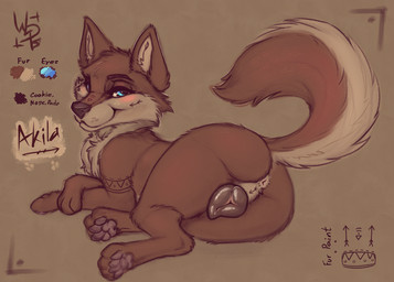 animal_genitalia animal_vulva blue_eyes blush brown_body brown_fur butt canine_genitalia canine_vulva cheek_tuft chest_tuft crossed_arms facial_markings facial_tuft female feral fluffy fluffy_tail fur fur_paint genitals head_markings looking_at_viewer looking_back lying markings multicolored_body multicolored_fur on_side paper_background presenting presenting_hindquarters presenting_vulva raised_tail simple_background smile solo tail tan_background tan_body tan_fur text tuft two_tone_body two_tone_fur vulva wolps akila_(wolps) canid canine canis mammal wolf digital_media_(artwork) english_text hi_res model_sheet signature
