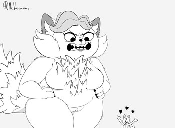 ambiguous_gender angry anthro breasts chest_tuft duo extreme_size_difference featureless_breasts female genitals hands_on_hips heart_symbol larger_female macro markings mature_female micro mole_(marking) size_difference tuft vulva mr_valentine00 disney pixar turning_red anon ming_lee_(turning_red) ailurid mammal red_panda 2022 absurd_res hi_res monochrome