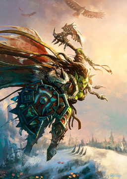 action_pose axe braided_hair breasts brown_hair cape clothing day female flower green_body hair holding_axe holding_object holding_shield humanoid_pointy_ears not_furry outside plant pointy_ears pose shield snow solo tattoo tree wei_wang blizzard_entertainment warcraft ambient_bird humanoid orc hi_res official_art