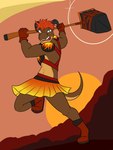 action_pose anthro armor boots bottomwear clothing footwear hammer holding_hammer holding_object holding_tool male maul pose shoes shoulder_guards skirt solo tail tools unconvincing_armor fuze mythology magma_(fuze) dragon mythological_creature mythological_scalie scalie 3:4 hi_res