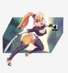 anthro blonde_hair blue_eyes breasts butt clothing ear_piercing ear_ring female footwear hair high_heels melee_weapon piercing ring_piercing shoes solo sword weapon linkartoon looney_tunes warner_brothers lola_bunny lagomorph leporid mammal rabbit absurd_res hi_res