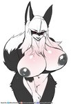 anthro areola big_breasts biped black_areola black_body black_fur black_nipples breasts countershading female fur hair huge_breasts leaning leaning_forward navel nipples nude red_eyes simple_background smile solo white_background white_body white_countershading white_fur white_hair sagestrike2 canid canine mammal 2023 hi_res sketch