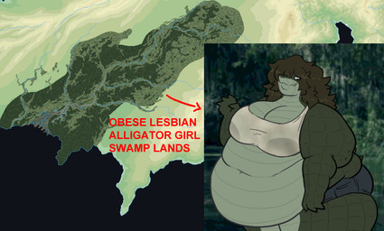 anthro areola big_breasts bottomwear breasts clothing denim denim_bottomwear denim_clothing denim_shorts fat_rolls female huge_breasts map morbidly_obese obese overweight shorts solo swamp text wet wet_clothing mexifurfoof alligator alligatorid crocodilian reptile scalie english_text