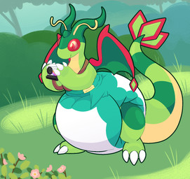 3_fingers 3_toes ambiguous_gender antennae_(anatomy) anthro arms_bent camera claws clean_diaper clothed clothing detailed_background diaper diaper_only feet fingers flower grass green_body green_tail green_wings holding_camera holding_object horn multicolored_body multicolored_tail one_eye_obstructed outside pink_flower plant shrub small_horn smile solo standing tail toes topless tree wearing_diaper wings yellow_body yellow_tail eeveeatheart nintendo pokemon fan_character vincent_(mitchell45) dragonite flygon generation_1_pokemon generation_3_pokemon hybrid hybrid_pokemon pokemon_(species) full-length_portrait hi_res portrait male_(lore)