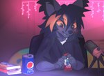 anthro asmr beverage_can black_body black_fur blush clothed clothing electronics fur grey_body grey_fur holding_object microphone smile solo whiskers hyilpi pepsi fray_(reysi) felid feline mammal 2022 hi_res