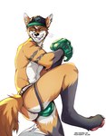 action_pose anthro anus arm_tattoo baseball_cap baseball_glove baseball_uniform black_anus black_body black_fur bulge butt claws clothed clothed_anthro clothed_male clothing ear_piercing feet fur green_eyes hat headgear headwear jock jockstrap male muscular muscular_anthro muscular_male orange_body orange_fur pawpads piercing pink_pawpads pitching_position pose simple_background smile solo sportswear tail tattoo teeth text toe_claws toes underwear uniform white_body white_fur midnight_blue canid canine fox mammal absurd_res english_text hi_res