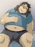 anthro black_hair bodily_fluids bottomwear brown_body brown_fur clothing eyewear fur glasses hair humanoid_hands kemono male overweight overweight_male shirt shorts sitting solo sweat topwear train_(artist) felid lion mammal pantherine 2021 3:4 hi_res