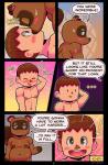 2019 absurd_res animal_crossing anthro areola bedroom_eyes belly biceps big_nipples blush bodily_fluids brown_body brown_fur canid canine comic dialogue digital_media_(artwork) duo english_text eyes_closed fur half-closed_eyes hand_behind_head heart_eyes heart_symbol hi_res human human_on_anthro interspecies kissing looking_back male male/male mammal musclegut muscular muscular_male narrowed_eyes nintendo nipples nude open_mouth pecs raccoon_dog raised_tail seductive simple_background sin_bruh smile sweat sweatdrop tail tanuki text tom_nook_(animal_crossing) villager_(animal_crossing)