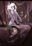 anthro barefoot blue_eyes breasts candle clothed clothing feet female hair knife looking_at_viewer nipples sitting solo tail topless white_hair lingrimm felid mammal 2012