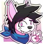 ambiguous_gender anthro black_hair border clothing ear_piercing fangs gesture hair hand_gesture kerchief looking_at_viewer outline piercing pink_background pink_eyes simple_background solo teeth v_sign white_border chainchomped laggingdiamond canid canine fox mammal hi_res icon